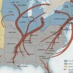 Map showing northward routes of the Underground Railroad